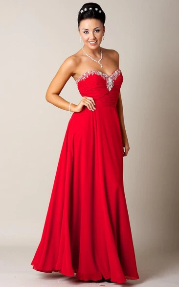A-Line Ruched Floor-Length Sleeveless Sweetheart Chiffon Prom Dress With Beading And Draping