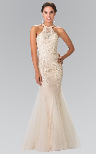 Trumpet Scoop-Neck Sleeveless Tulle Lace Straps Dress With Appliques And Beading