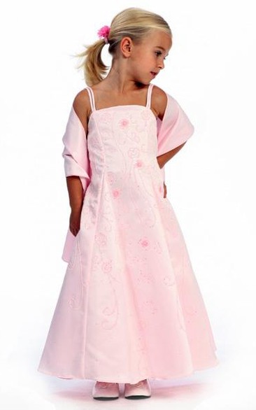 Floral Ankle-Length Floral Beaded Sequins&Satin Flower Girl Dress With Straps