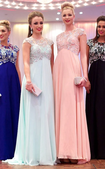A-Line Cap-Sleeve Floor-Length Jewel-Neck Empire Beaded Chiffon Prom Dress