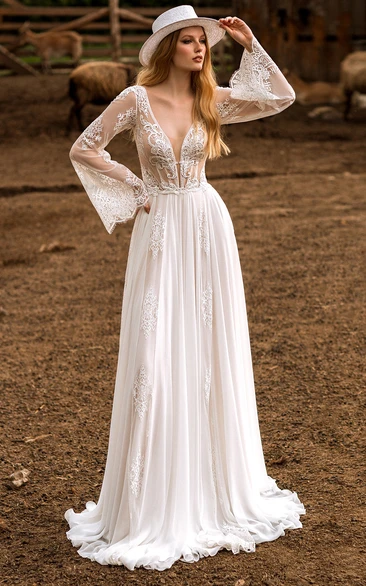 Bohemian A Line Tulle Floor-length Long Sleeve Open Back Wedding Dress with Ruching