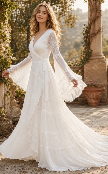 Long Bell Sleeve Lace A-Line Wedding Dress with Ruffle Drape