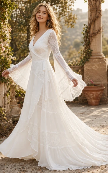 Long Bell Sleeve Lace A-Line Wedding Dress with Ruffle Drape