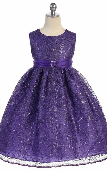 Tea-Length Broach Tiered Beaded Sequins&Organza Flower Girl Dress With Sash