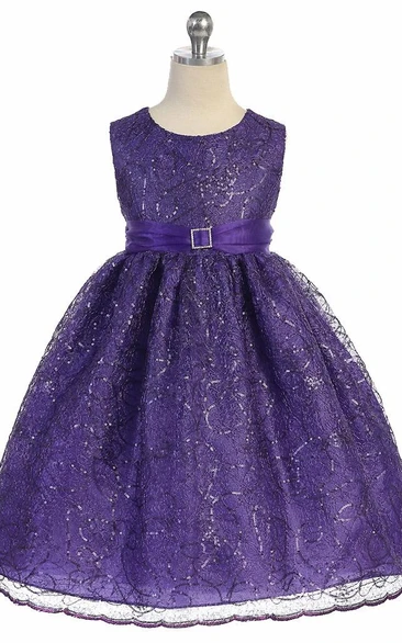 Tea-Length Broach Tiered Beaded Sequins&Organza Flower Girl Dress With Sash