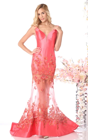 Trumpet V-Neck Sleeveless Satin Low-V Back Dress With Beading