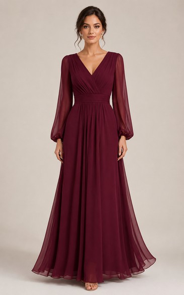 A-Line V-Neck Long Sleeve Chiffon Bridesmaid Dress with Pleats