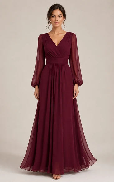 A-Line V-Neck Long Sleeve Chiffon Bridesmaid Dress with Pleats
