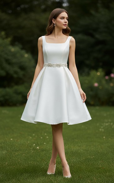 Jeweled Mini Square Neck Satin Wedding Dress