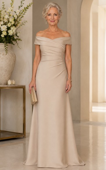 Champagne Off-the-Shoulder Satin Floor-Length Mother of the Bride Dress