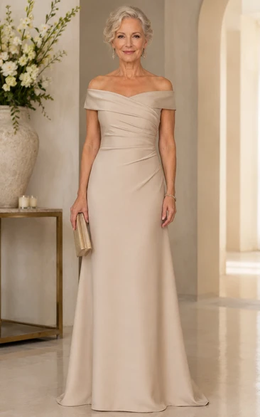 Champagne Off-the-Shoulder Satin Floor-Length Mother of the Bride Dress