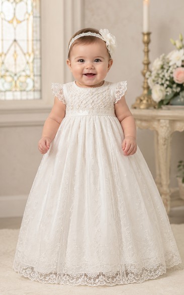 Baby Christening Gown Modest A-Line Puff Sleeve Tulle Lace Floor-Length with Bow Sash in Ivory