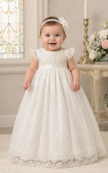 Baby Christening Gown Modest A-Line Puff Sleeve Tulle Lace Floor-Length with Bow Sash in Ivory