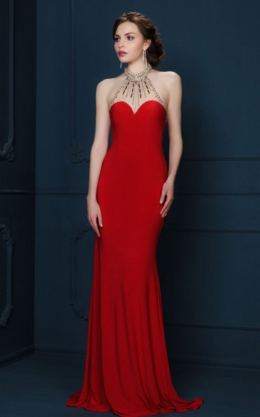 Sheath V-Neck Sleeveless Maxi Beaded Jersey Evening Dress