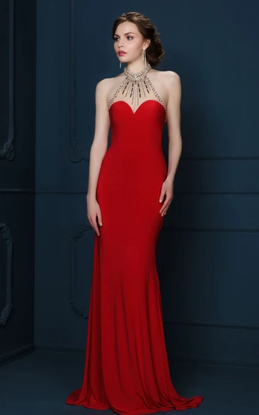 Sheath V-Neck Sleeveless Maxi Beaded Jersey Evening Dress