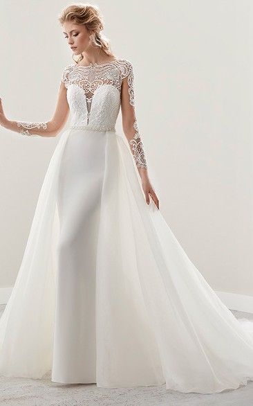 Illusion Long-Sleeve Jewel-Neck Gown With Detachable Train And Pearl Belt