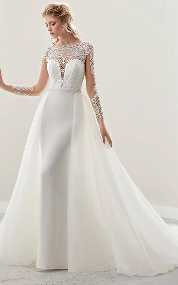 Illusion Long-Sleeve Jewel-Neck Gown With Detachable Train And Pearl Belt