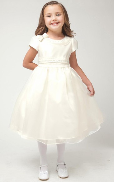 Tea-Length Cap-Sleeve Bowed Organza&Satin Flower Girl Dress