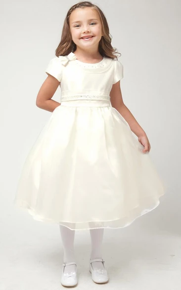 Tea-Length Cap-Sleeve Bowed Organza&Satin Flower Girl Dress