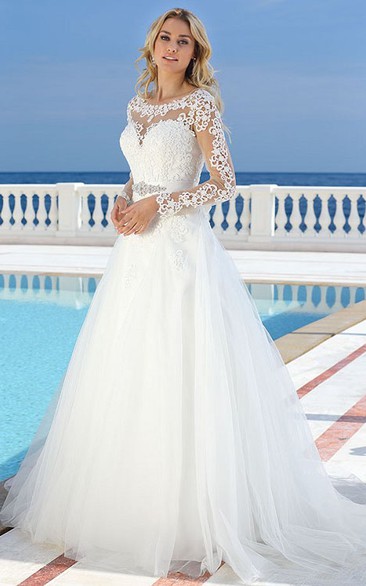 fitted lace wedding dress Glitter Tulle A-Line Sheer Scoop Long Sleeves Sequins Wedding Dress –  Movousdress main image 1