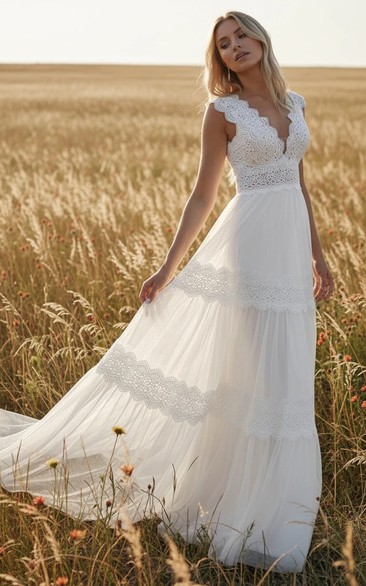 Whimsical Boho V-Neck Lace and Tulle Wedding Dress with Tiered Skirt