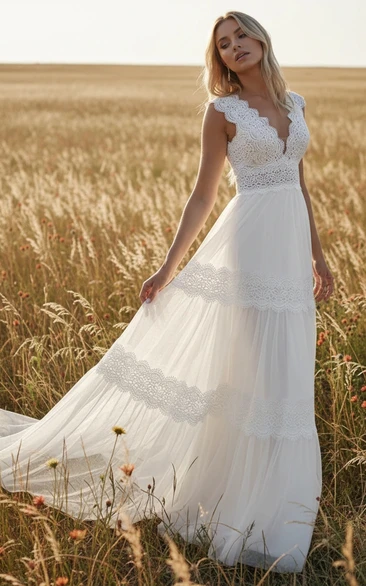 Boho V-neck Cap Lace A-Line Wedding Dress