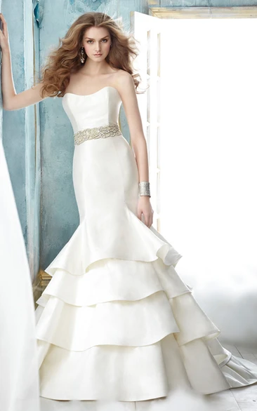 Stunning Strapless Tiered Dress With Crystal Embellished Belt
