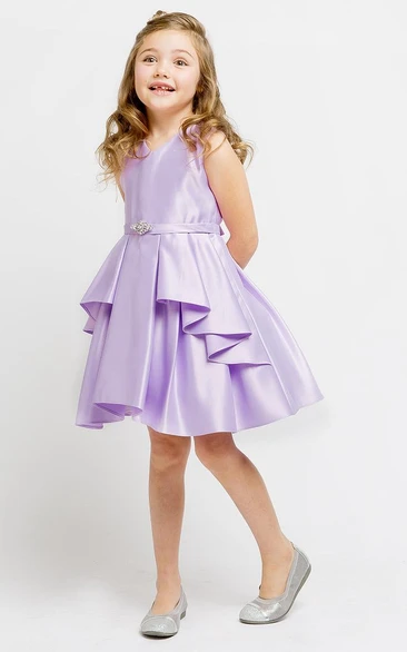 Split Knee-Length Split-Front Beaded Satin Flower Girl Dress With Sash