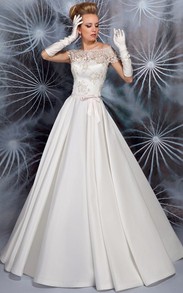 A-Line Maxi Appliqued Cap Sleeve Bateau Neck Satin Wedding Dress