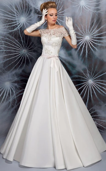 A-Line Maxi Appliqued Cap Sleeve Bateau Neck Satin Wedding Dress