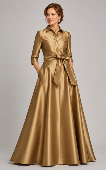 Gold Long Sleeve Satin A-Line Shirt Dress
