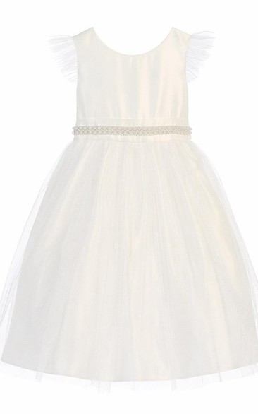 Tea-Length Beaded Tulle&Satin Flower Girl Dress