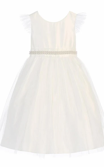 Tea-Length Beaded Tulle&Satin Flower Girl Dress