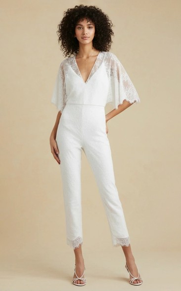 V Neck Lace Cape Wide Leg Wedding Jumpsuit