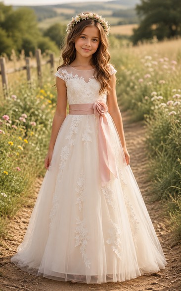 Country Cap Sleeve Lace Tulle Flower Girl Dress with Pink Flower Sash