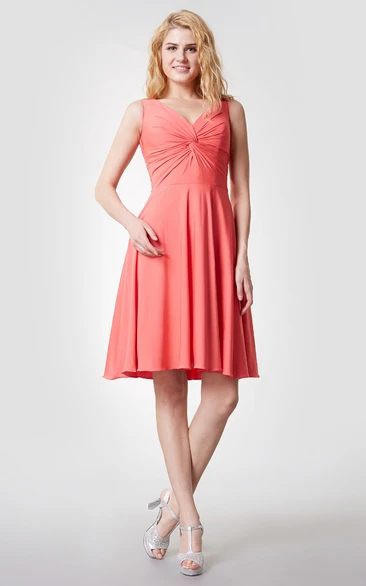 Comfortable V Neck Knee Length Jersey Dress With Ruching
