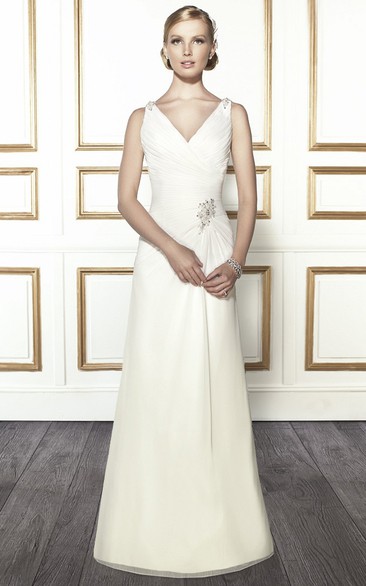 A-Line Ruched V-Neck Sleeveless Floor-Length Satin Wedding Dress With Epaulet And Low-V Back