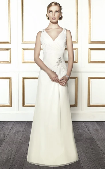 A-Line Ruched V-Neck Sleeveless Floor-Length Satin Wedding Dress With Epaulet And Low-V Back