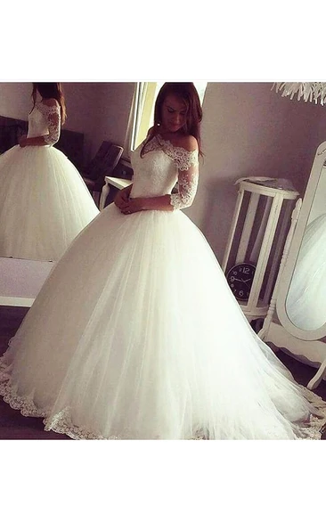 Elegant Sheer Long Sleeve Off the Shoulder Tulle Lace Appliqued Bridal Dresses Gown