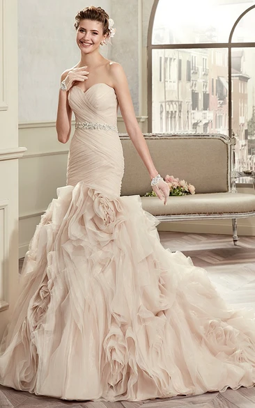 Sweetheart Pleated Bridal Gown With Floral Ruffles And Beaded Belt