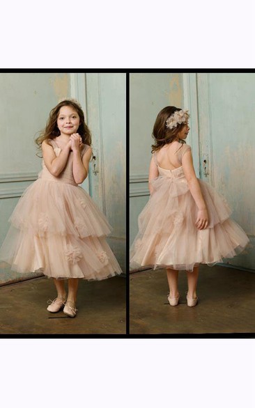 Flower Girl Straps Layered Tulle Ball Gown With Flowers