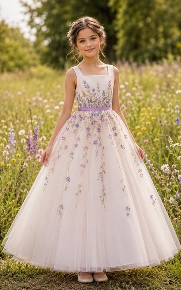 Country Lavender Floral Embroidered Tulle Flower Girl Dress