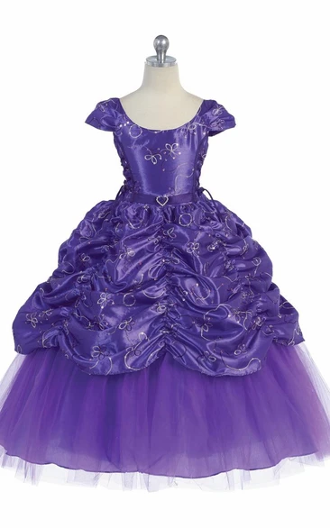 Ankle-Length Tiered Embroideried Lace&Taffeta Flower Girl Dress With Broach