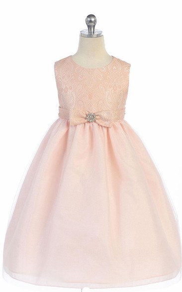 Tea-Length Bowed Tiered Tulle&Satin Flower Girl Dress