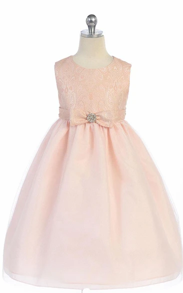Tea-Length Bowed Tiered Tulle&Satin Flower Girl Dress