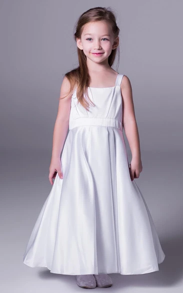 A-Line Sleeveless Ankle-Length Strapped Satin Flower Girl Dress