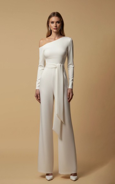Single Shoulder Long Sleeve Wide Leg Wedding Jumpsuit