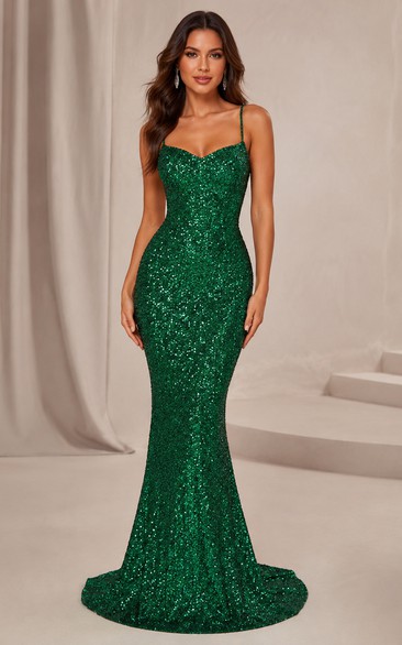 Fitted Dark Green Sequin Spaghetti Strap Mermaid Prom Dress