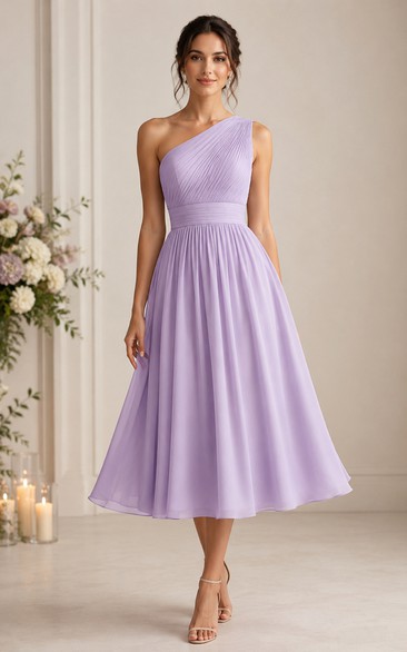 Lavender One-Shoulder Tea-Length Chiffon Bridesmaid Dress