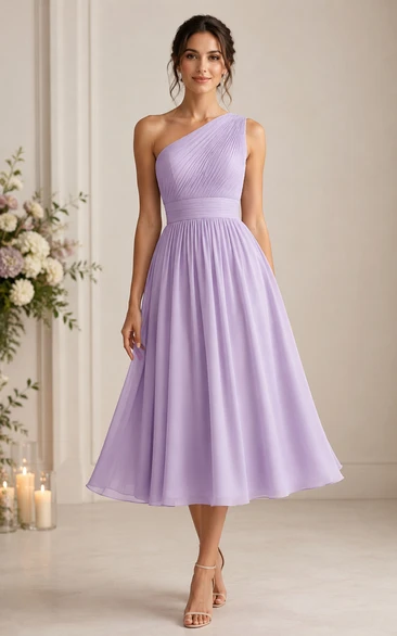 Lavender One-Shoulder Tea-Length Chiffon Bridesmaid Dress